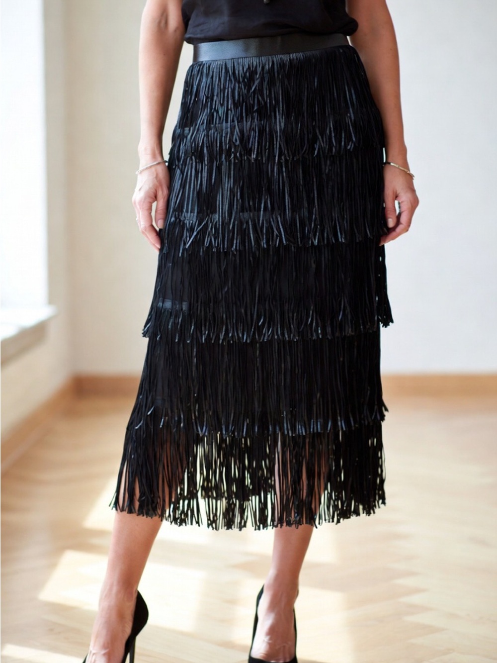 Antonio Melani Black Tiered Fringe Midi Skirt - Women - Picture 3 of 6